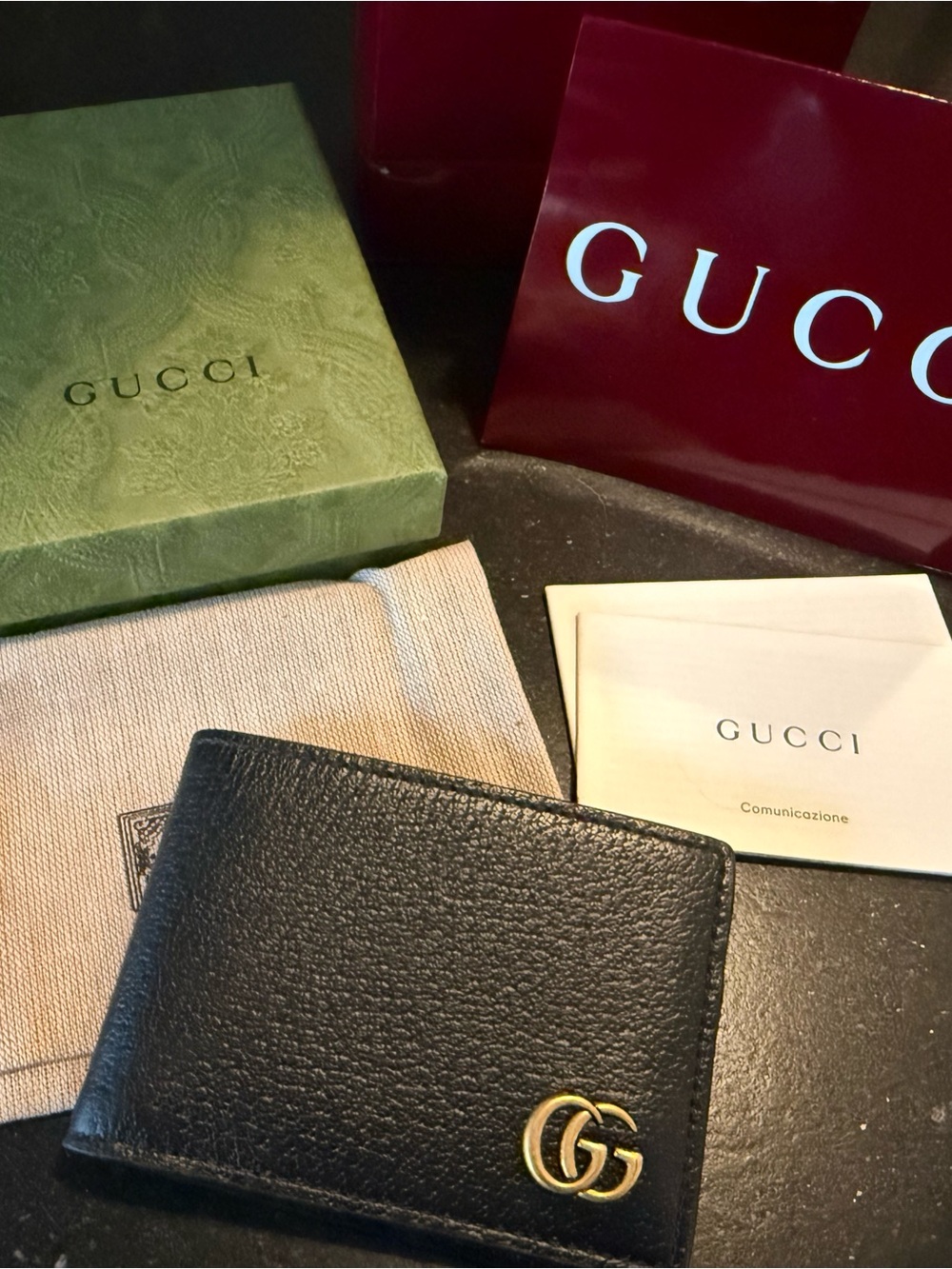 Gucci Black Pebbled Leather Bifold Wallet with Gold Double G - NEW